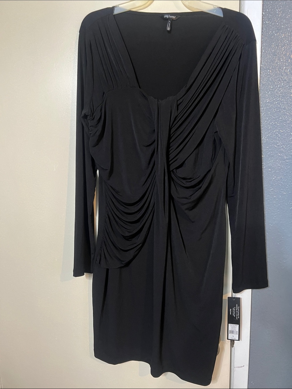 Daisy Fuentes Black Draped Long-Sleeve V-Neck Dress